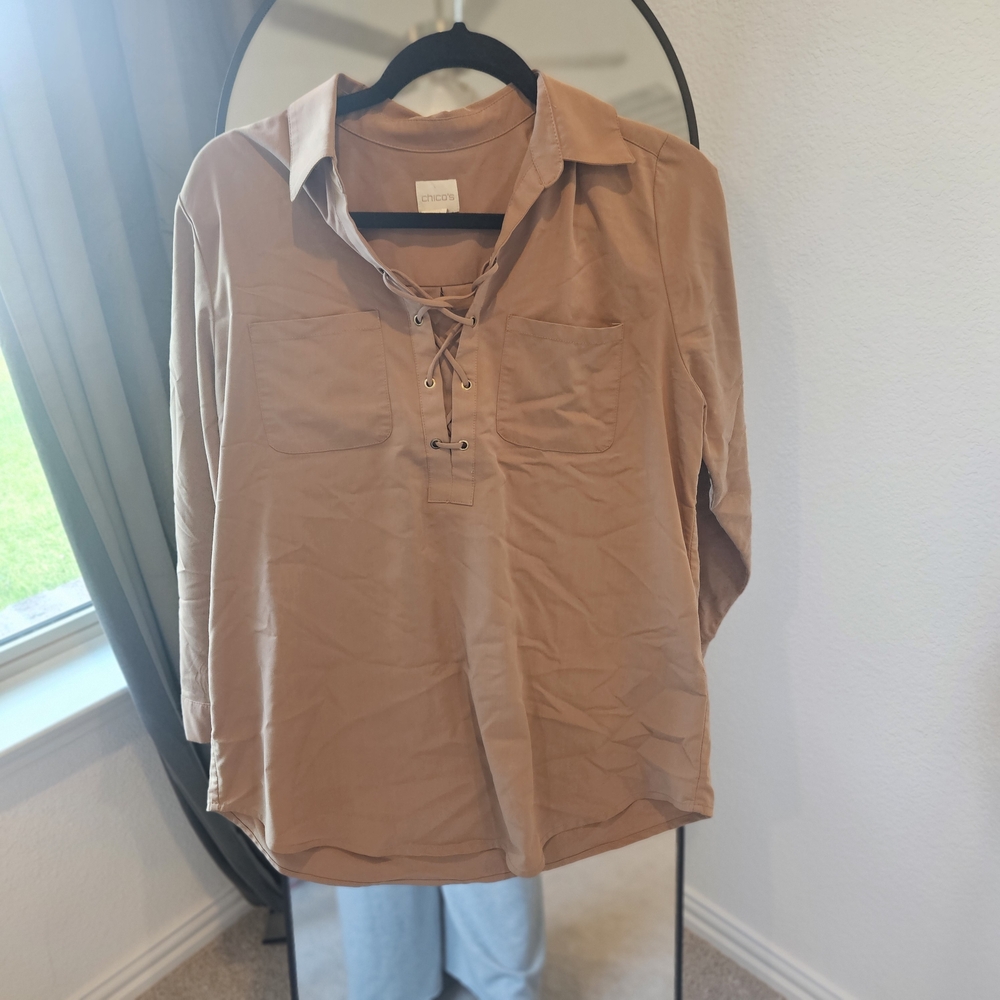 Chico's Camel Blouse with Lace-Up Detail